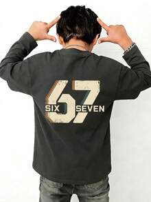 Tween Boy Casual Fun Graphic Print Crew Neck Pullover Long Sleeve T-Shirt Autumn/Winter Top - Dark Grey - View 4