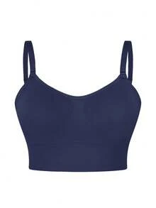 Sujetador deportivo suave sin aros de talla grande, top corto con escote en V, tejido acanalado sin costuras, tirantes finos ajustables y almohadillas extraíbles, para entrenamiento - Azul - Ver 4