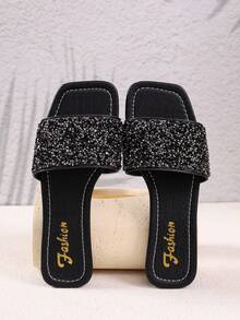 1 Pair Flat Slide Sandals/Solid Color Flat Design Shiny Upper Exquisite Design Rhinestone Decor Easy To Put On And Take Off Easy To Clean Elegant Sophisticated Fashionable Versatile Suitable For Daily Wear Shopping Dating Vacation Travel Must-Have Slide Sandals - Black - View 6