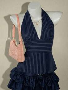 Women's Casual Deep V-Neck Backless Tank Top, Women's Casual Sleeveless Top, American Retro Striped Style, Women's Summer Clothing - 黑色 - 查看 1