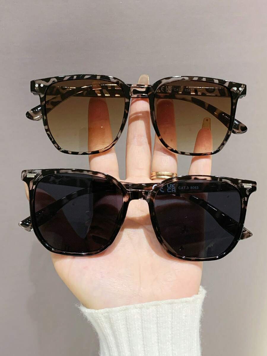 2 Buah Kacamata Hitam Persegi Motif Leopard Gaya Boho, Kacamata Pelindung UV Unisex untuk Perjalanan dan Mengemudi - Paket Kombinasi 2PCS C - View 1