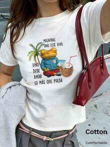 夏季新款圓領 DTMF 圖案修身正肩 T-shirt，度假旅行沙灘穿搭 - 白色9 - 查看 1