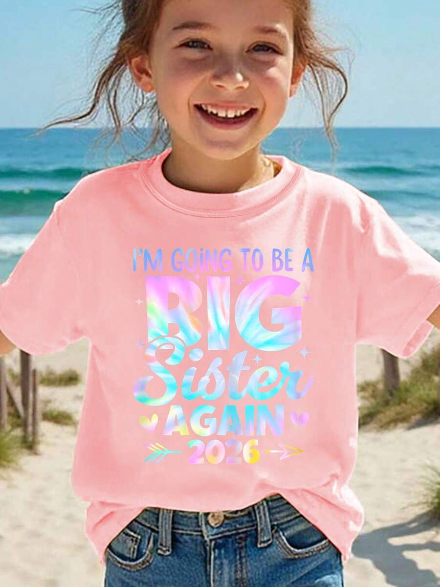 Girls' Short-Sleeved T-Shirt, Summer Fashion, With Laser-Engraved Letter Print "I Want To Be The Big Sister Again 2026", Versatile Casual Top NY-DX8994 - 軍綠色 - 查看 1
