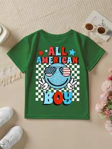 Fashionable Short-Sleeved T-Shirt For Boys 'American Independence Day' 'ALL AMERICA BOY' With Plaid Elements And Double-Sided Cartoon Print, Casual Outdoor Top - 墨綠色 - 查看 3