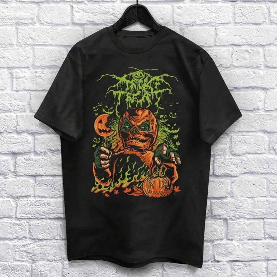 Unisex Horror T-Shirt (For Men And Women) Horror Movie T-Shirt Heavy Metal Pumpkin T-Shirts. Scary Halloween T-Shirt, Spooky Music, Men's Clothing, Etc. - 黑色 - 查看 1
