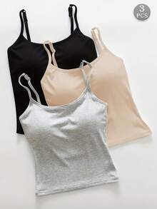 3-Piece Women's Plain Ribbed T-Shirt With Padded Bra, Casual Fitted Crop Top For Exercise - Medium Wash - View 1