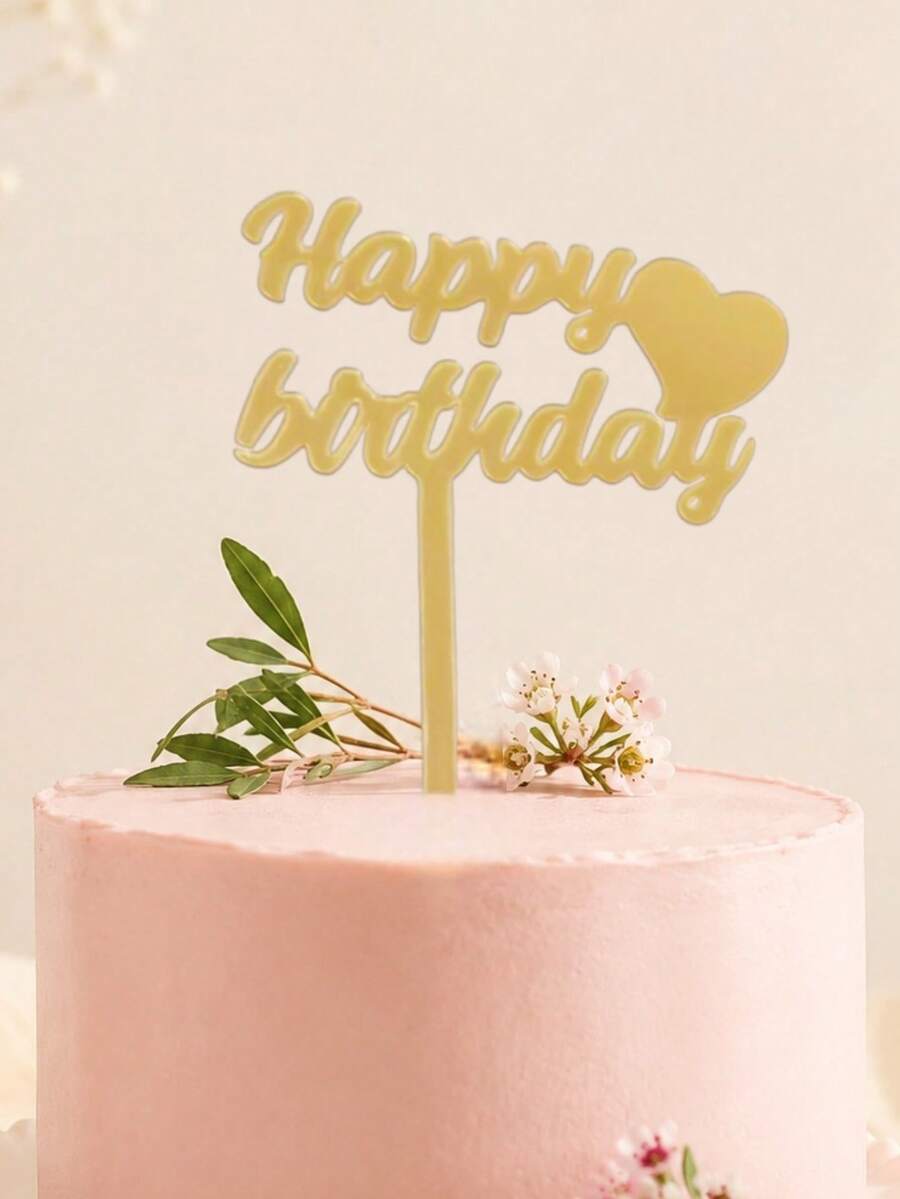 3PCS Gold Mirror Acrylic Happy Birthday Cake Topper With Sweet Heart Detail, Smooth Script Font With Stick, Sturdy Mirror PMMA For Kids & Adult Birthday Party Cake Decoration - E - View 1