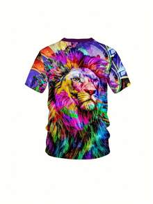 Men's Plus Size T-Shirt With 3D Lion Print And Tie-Dye Technique - Vibrant And Colorful Roaring Lion Graphic, Lightweight And Stretchy Knit Fabric, Breathable And Durable - 黑色 - 查看 3