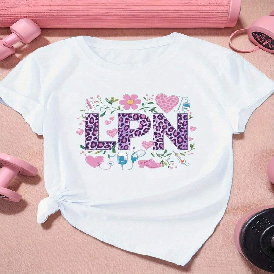 Camiseta deportiva ajustada de manga corta para mujer de talla grande LPN - Top deportivo informal con cuello redondo estampado y transpirable, ideal para el gimnasio y el uso diario - Lava - Blanco - Ver 1
