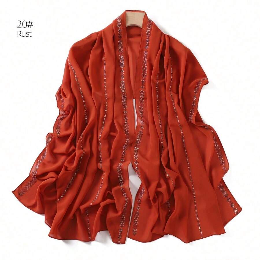 1 Piece Solid Color Rhinestone Chiffon Hijab, Elegant Faux Rhinestone Scarf, Sunscreen Shawl For Women, Ideal For Dresses. - Orange - View 1