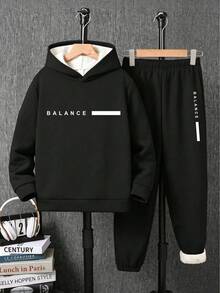 2pcs/Set Boys Letter Print Hooded Sweatshirt And Sweatpants Set - Black - View 1