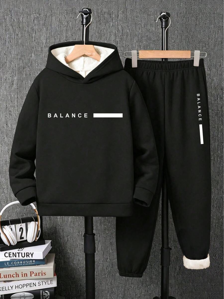 2pcs/Set Boys Letter Print Hooded Sweatshirt And Sweatpants Set - Black - View 1