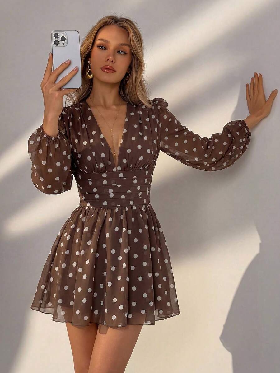 Elegant Brown Polka Dot Dress With A V-Neck And Puff Sleeves, Perfect For Beach Vacations, Holidays, Everyday Outings, And Wedding Parties - 棕色 - 查看 1