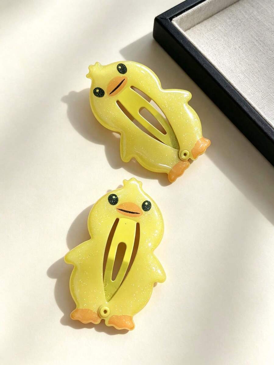 2入女孩可愛亮片鴨子髮夾,可愛動物側瀏海夾,學生俏皮髮飾,化妝固定髮夾 - 彩色 - 查看 1