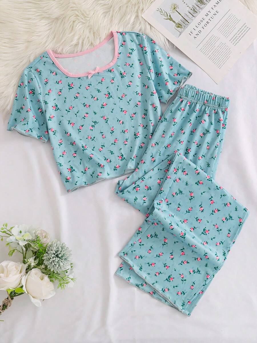 Spring/Summer Girls' Pink & Green Floral Pattern With Bow Decor Short Sleeve Long Pants Comfortable Fabric - Blue - View 1