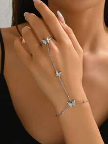 3pcs/Set Fashion White Shell Heart-Shaped Stainless Steel Butterfly Finger Chain Bracelet, Elegant Luxury Niche Design, Minimalist Exquisite Commute Versatile Party Beach Vacation Hand Jewelry, Perfect Gift For Friends, Besties, Couples On Christmas, Halloween, Thanksgiving, Mother's Day, Anniversary, Birthday, Valentine's Day And Other Holidays - 3-piece Bracelet Set - View 5