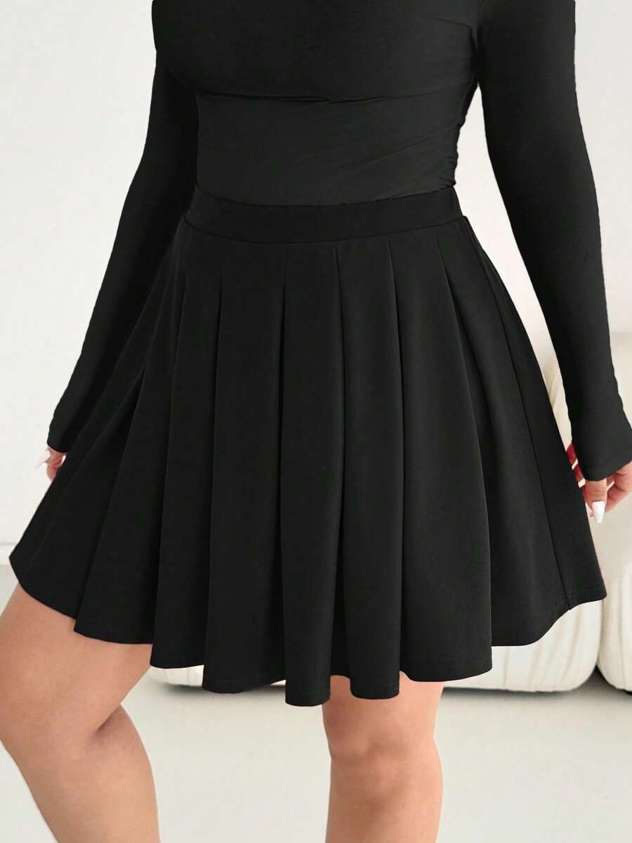 Falda midi plisada roja básica, versátil y cómoda para mujer de talla grande, para otoño/invierno, fondo de armario, Navidad, Año Nuevo - Negro 2 - Ver 1