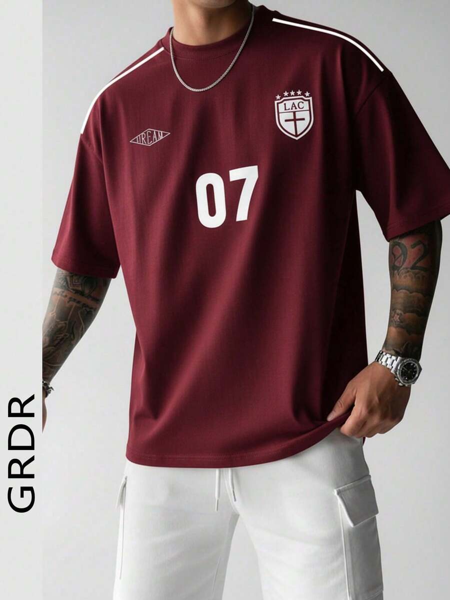 GRDR Men's Summer Fashion Graphic Number Print Short Sleeve T-Shirt, Suitable For Daily Commute And Exercise. - 軍綠色 - 查看 1