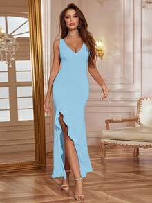Long Strappy Dress, European And American Style, 2026 Spring-Summer, Sexy V-Neck With Ruffles And Side Slit, Fitted Cut - Blue - View 3