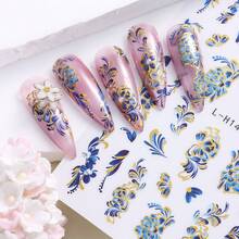Chinese Vintage Blue White Porcelain Nail Stickers 3 Sheets, Embossed Blue Floral Gold Foil Flower Leaf Nail Decals, Self Adhesive Waterproof Nail Art Transfer Sliders Design For Natural Fake Press On Nails DIY Manicure Accessories - Multicolor - View 6