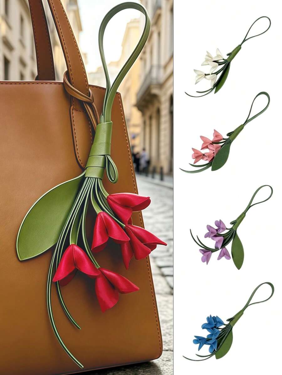 1pc Women's Leather Flower Bag Charm Keychain Gift, Handmade Red Lily Of The Valley Key Ring, Suitable For Daily Matching With Bags And Clothing Accessories - View 1