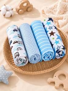 4pcs Multi-Color Newborn Swaddle Blanket Set. Single Layer Cartoon Swaddle Blanket, Printed Bed Sheet For Baby Warmth And Care, Neutral Baby Swaddle Blanket Set, Simple And Cute Design, Perfect Birth Gift For Baby - 藍色 - 查看 4