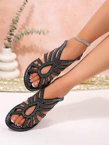 Classic Black Multi-Strap Hollow Rhinestone Flat Sandals, Vintage Roman Elastic Ankle Strap Design,Ersatile Footwear For Commute, Beach And Party - Black - View 2