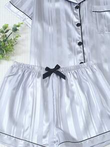 2pcs Satin Striped Bow Print Short Sleeve Pocket Lapel Top And Bow Shorts Women's Pajama Set Loungewear - Light Grey - View 6