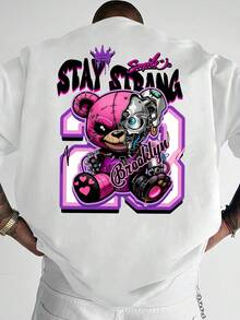 Camiseta de cuello redondo estilo hip-hop para adultos de estilo occidental, con estampado de letras "Brooklyn Mechanical Trendy Bear", ideal para salidas a la moda, viajes diarios, reunione - Multicolor - Ver 1