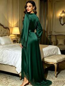 QING ROU 1pc Women's Elegant Satin Open Front Long Robe, Silky & Comfortable, Sexy V-Neck, Solid Color, Lightweight, Home Sleepwear, Bathrobe, Pajamas, Adult, Bridal Morning Robe, Bridesmaid Morning Robe, Suitable For All Seasons, Includes Waist Tie For Women's Home Use - Army Green - View 2