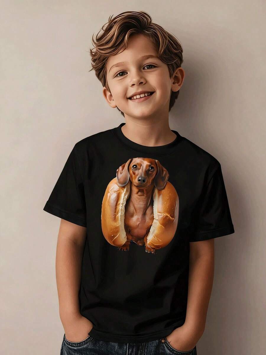 Short-Sleeved Children's Clothing, Casual And Fashionable T-Shirt With Sausage Dog And Hot Dog Bun Print, Suitable For Children Aged 5-13 Years, For Daily Wear, Holiday Gift. - 黑色 - 查看 1