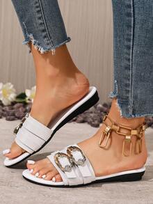 1 Pair Women's Fashion Versatile Casual Beach Sandals, Quilted Party Vacation Avant-Garde Basic Style, Casual Street PU Leather Asymmetric Pure Metal Buckle Rhinestone Slip-On Round Toe Beach Holiday Party Home Spring/Summer New Plus Size White Flat Slide Sandals - White - View 2