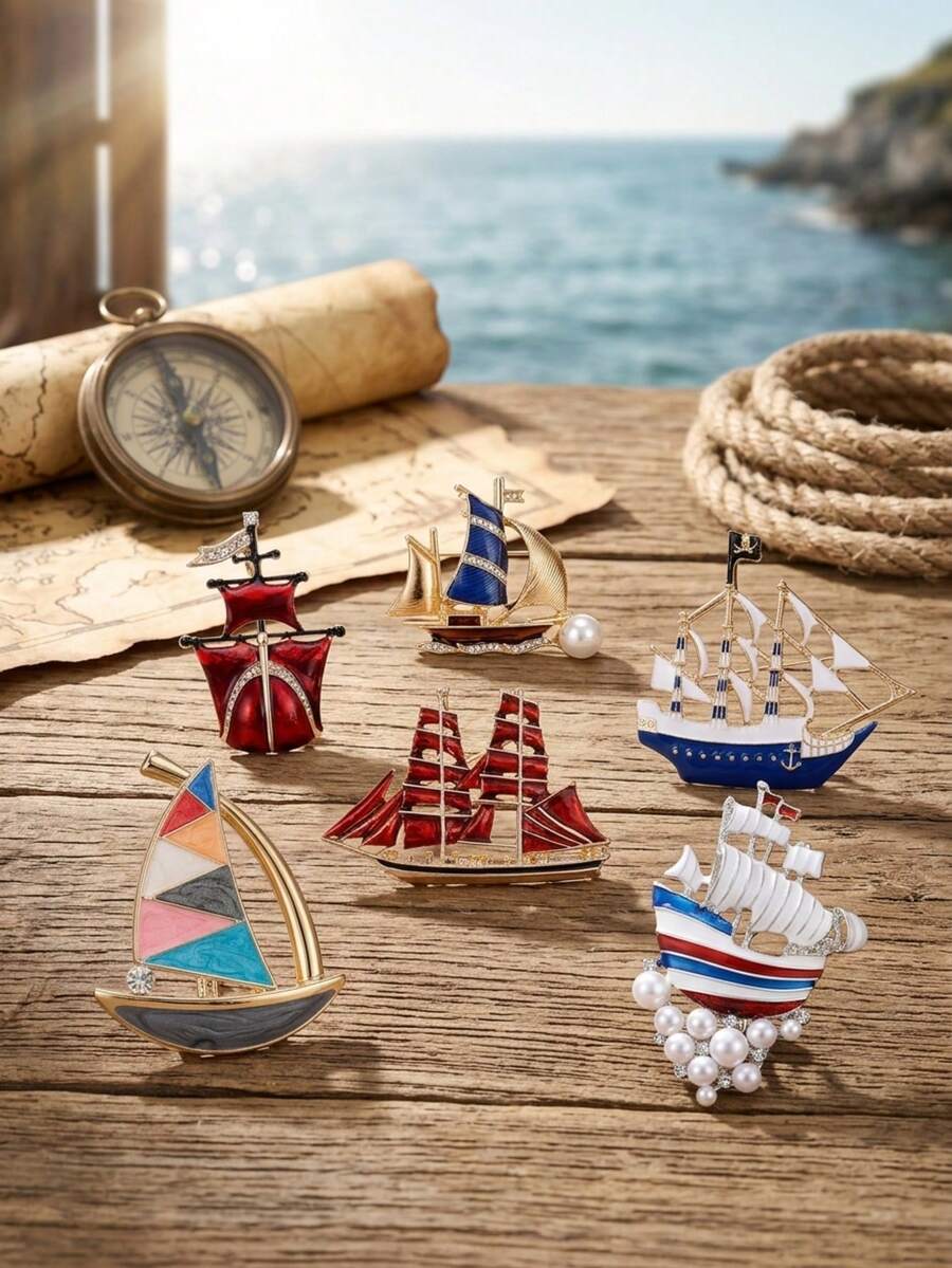 Broches de velero de esmalte de lujo - Alfileres de vehículo elegantes para mujeres unisex accesorios de joyería casual para fiestas / Regalos para amigos insignias decoración - velero - Ver 1