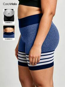 Plus Size Seamless Cycling Shorts For Women, Striped Contrast High Waist Tummy Control Butt Lifting, High Stretch Gym Yoga Biker Shorts, Summer Sports - Multicolor - View 3