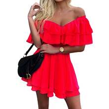New  Summer Dress, Popular, Fitted, V-Neck, Off-The-Shoulder, A-Line Cut. - Red - View 1