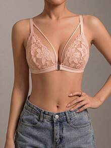 1pc Wireless Lace Front Closure Bra For Women - Pink - View 7
