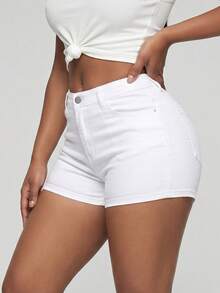 New In Curve Plus Size Women Solid White Stretch High Waist Denim Mini Shorts Hip Lifting Summer Casual Basic Jean Shorts For Female - 白色 - 查看 4