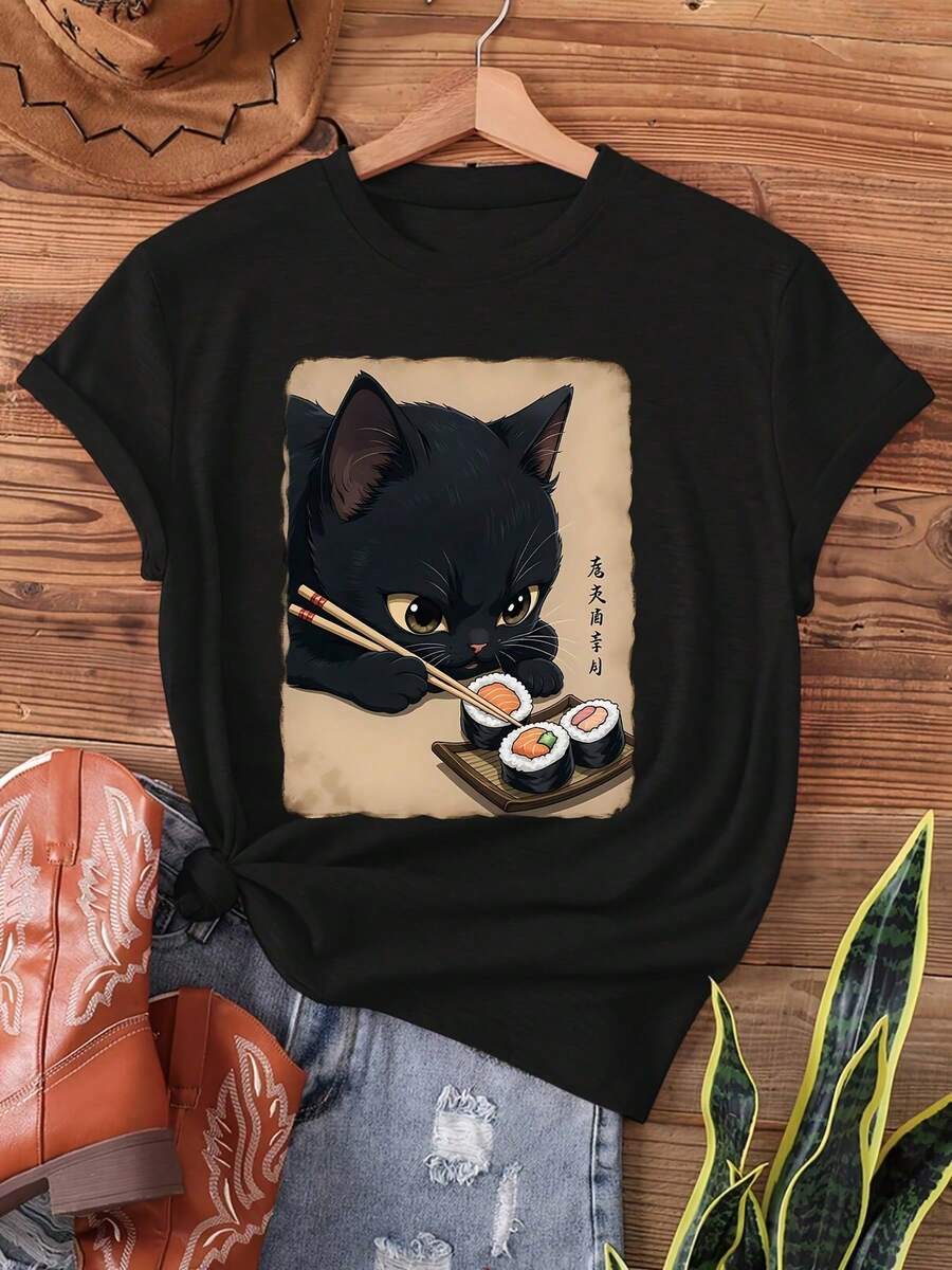 T-Shirt With A Kawaii Cat Eating Sushi Print, Short Sleeves, Round Neck, Casual Top For Summer And Spring, Women's Clothing, Women's T-Shirts, Shirt Women, Mexico - 黑色 - 查看 1
