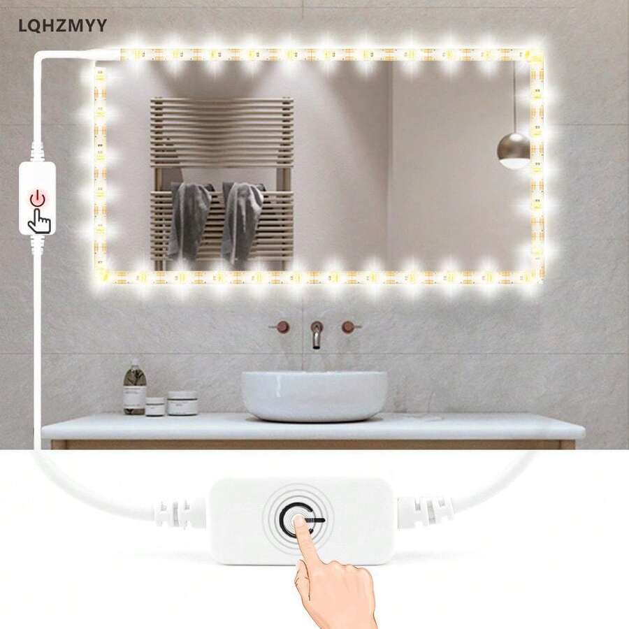 LQHZMYY 1件觸控調光LED燈條，低壓5V，USB供電附觸控開關，長按可調節亮度，6000K白光/3000K暖光，1m/2m/3m/4m/5m/10m多種尺寸，可裁剪且附背膠，適用於縫紉機、電視、電腦背景、浴室鏡氛圍燈、直播補光、櫥櫃、衣櫃、廚房補光
