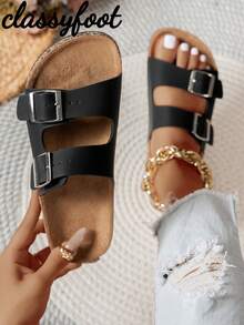 1 par de sandalias planas negras cómodas y ajustables con doble correa y hebilla, suela de corcho, pantuflas de verano para mujer - Negro - Ver 2