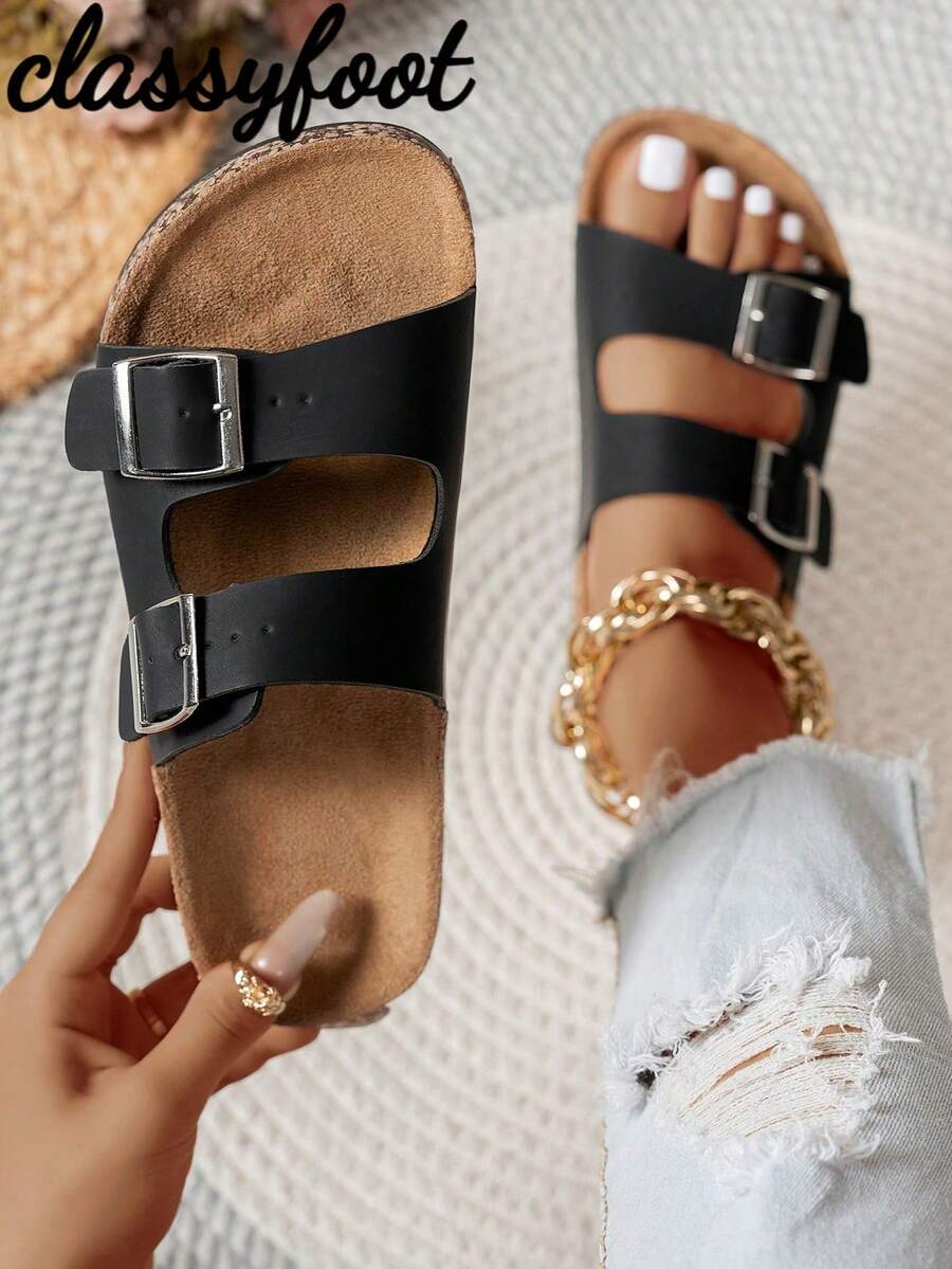 1 par de sandalias planas negras cómodas y ajustables con doble correa y hebilla, suela de corcho, pantuflas de verano para mujer