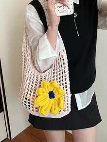 Dedoo 女款夏季鉤編鏤空網格托特包，3D向日葵貼花針織單肩包，輕量編織沙灘手提包，適合日常出行與度假 - 白色 - 查看 2
