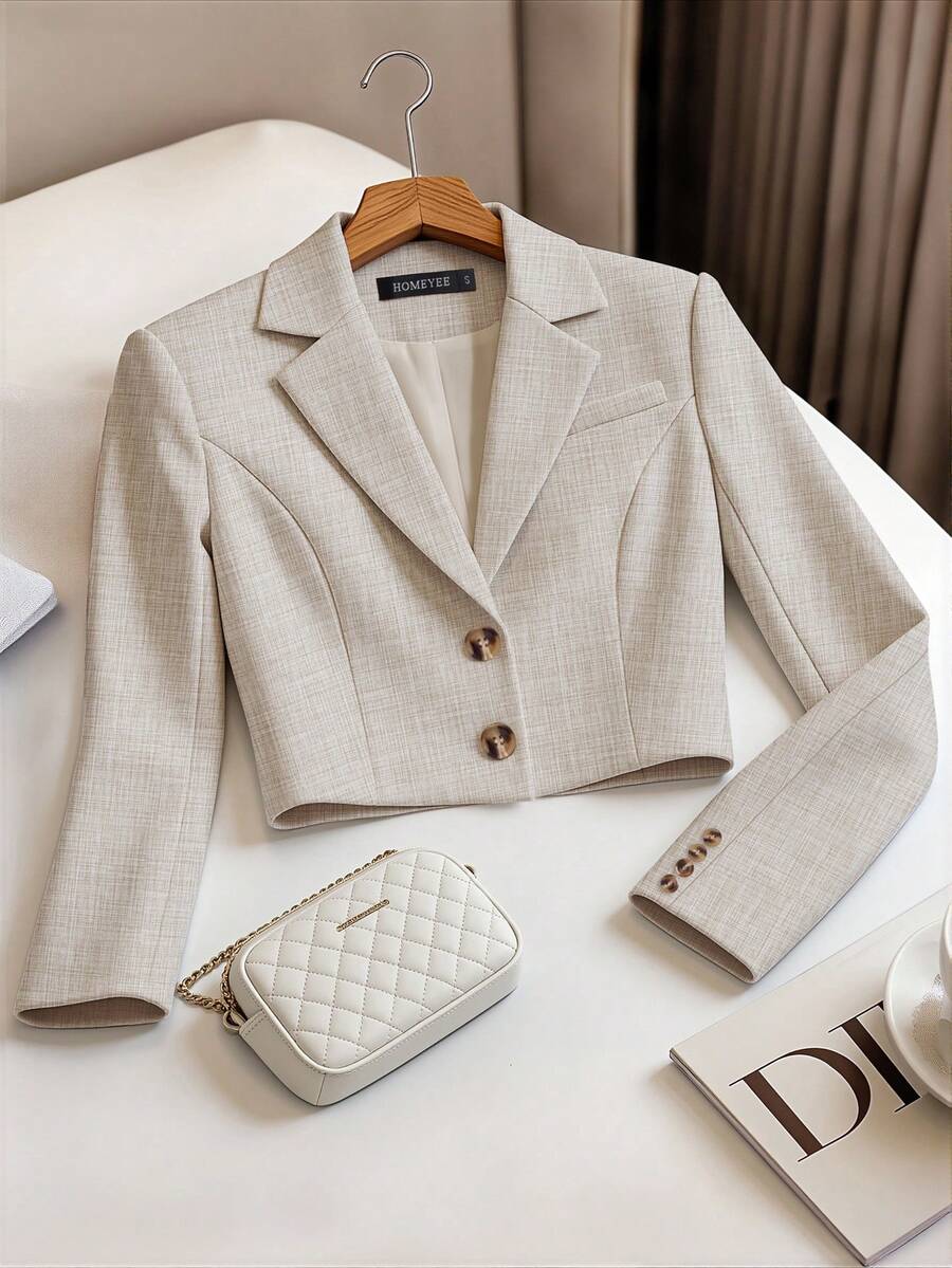 HOMEYEE Women's Fashion Short Blazer, Long Sleeve Design, Button Detail, Perfect For Autumn/Winter Professional Or Casual Wear - Apricot - View 1