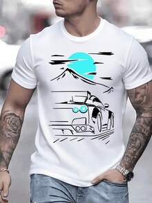 A Fast Sports Car Under A Mountain With A Red Japanese Sun Represents Automotive Power And Japanese Culture On This Exclusive Men's T-Shirt - 白色 - 查看 1