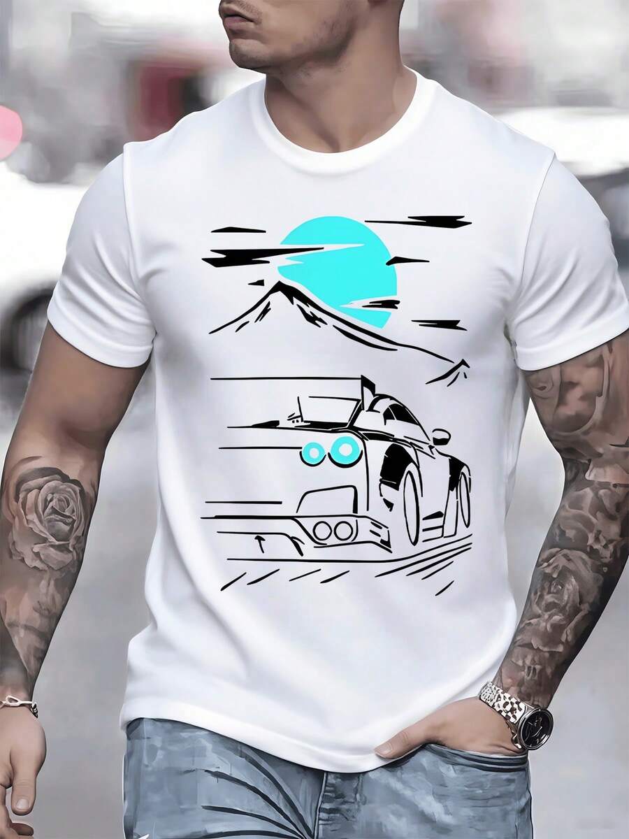 A Fast Sports Car Under A Mountain With A Red Japanese Sun Represents Automotive Power And Japanese Culture On This Exclusive Men's T-Shirt - 白色 - 查看 1