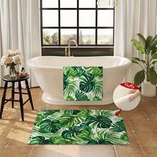 1pc Green Leaf Pattern Design Microfiber Bath Rug,Non-Slip And Soft Bathroom Mat,Doormat, Water Absorption Mat,Machine Washable,Low Pile,TPR Backing,Knit Fabric,ForBedroom,Kitchen,Entryway,Indoor Use,Accessories & Home Decor, Perfect New Home Gift. - Multicolor - View 6