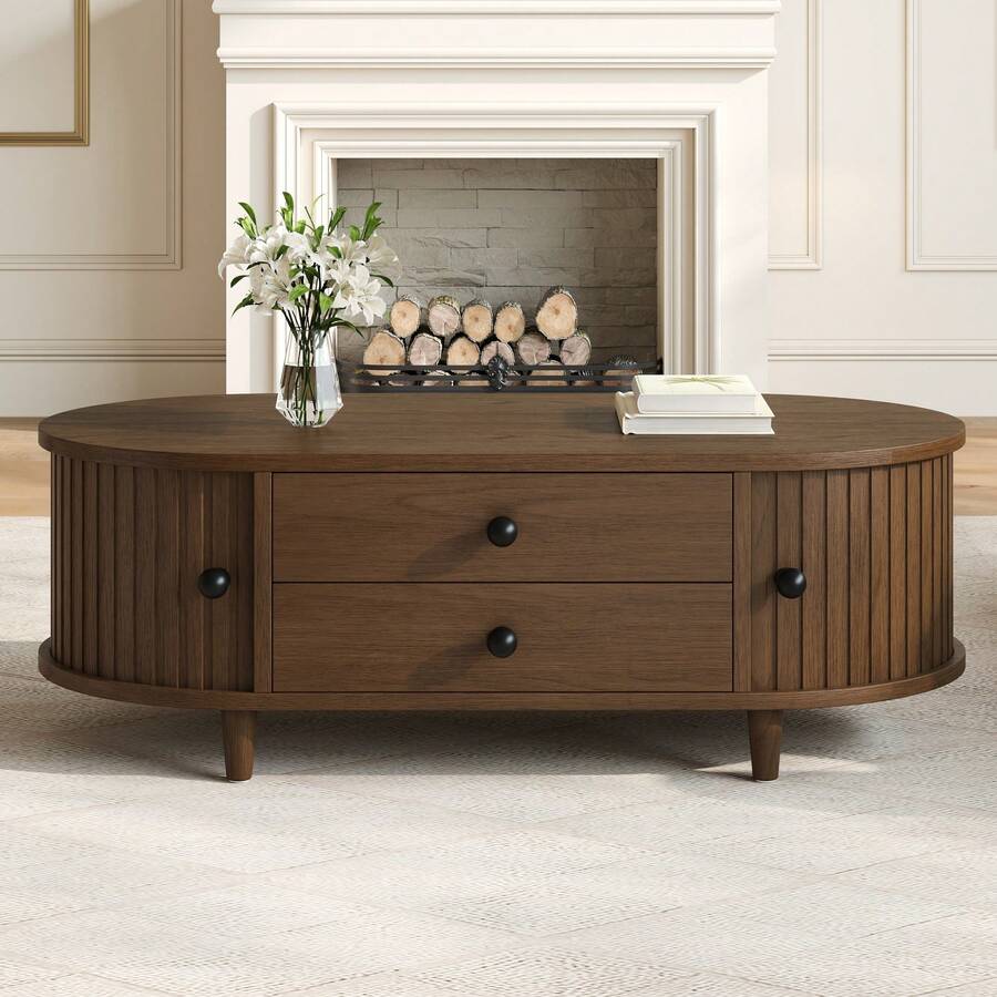 Round Coffee Table With Roll-Up Doors, Walnut Wood Coffee Table With 2 Drawers, Side Table, MDF Living Room Table, Sofa Table With Solid Wood Legs, 100*50*36cm, Load Capacity Up To 50 Kg. - 胡桃木色 - 查看 1