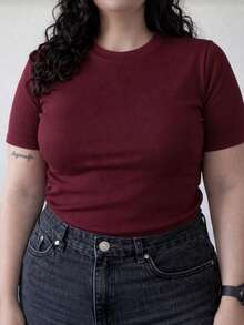 Basic T-Shirt With Round Neck, Short Sleeves, Ribbed Knit, Premium Style, Casual Everyday Wear, Comfortable, Plus Size 012 - Redwood - View 2