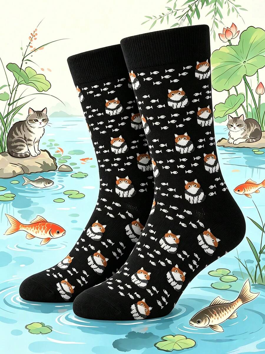 1 Pair Men's Cat & Fish Crew Socks, Thick Warm Autumn Winter Casual Socks, Perfect Birthday Christmas Gift For Cat Lovers - Multicolor - View 1