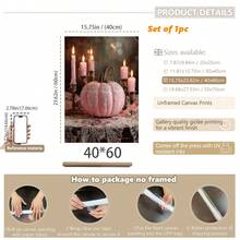 1pc Canvas Wall Art Print With Frame, Sweet & Cool Girl Style Pink Lace Pumpkin And Glowing Pink Candle Vintage Still Life Oil Painting, Soft Atmosphere Autumn Halloween Aesthetic Wall Poster For Modern Home Decor And Room Decoration - Pink Pumpkin - View 13